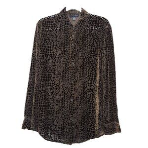 Anne Klein Chocolate Brown Velvet Burnout Button Up Top 12 Crocodile Print
